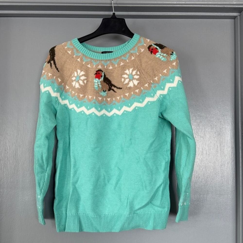Talbots Lambswool Blend sweater womens  Fair Isle Bird Design Aqua sz Large